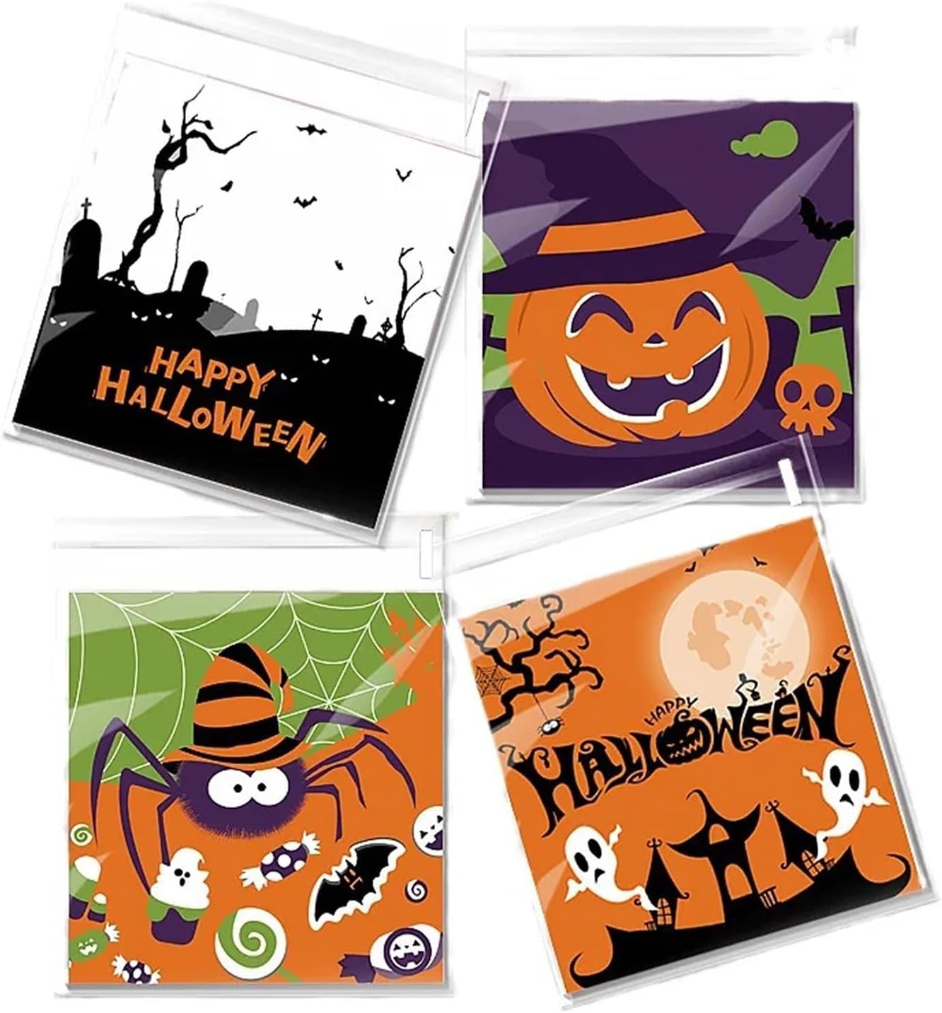 100Pcs Halloween Cellophane Bags Self Adhesive,Halloween Sweet Bags Small Trick