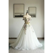 Appliques Flower Waist A-Line Wedding Dress Gorgeous Off the Shoulde Court Train