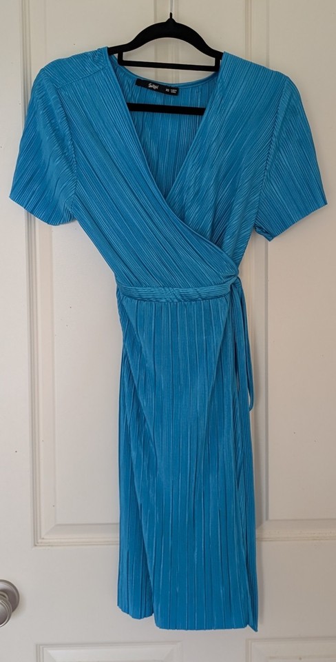 Sportsgirl Dress Womens Extra Small Blue Plisse Wrap Short Sleeve Mini Casual XS