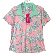 Ana Clare Active Top Womens L Pink Paradise Palm Print UPF 50 Polo Shirt Golf