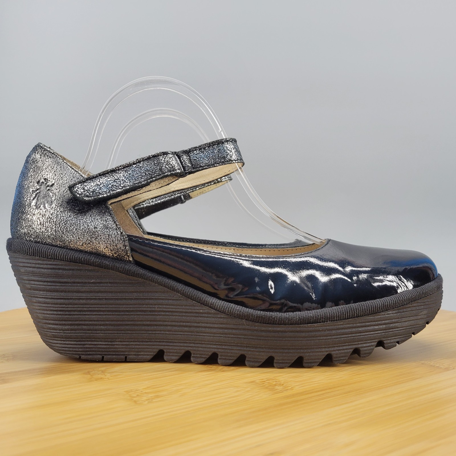 Fly London Yawo Womens Size 9 - 9.5 EU 40 Wedge Heel Black Silver Strap Shoes