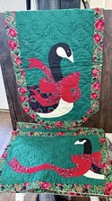 Vintage Winter Goose table runner 54&rdquo; and 4 Placemats Stitched 14x20