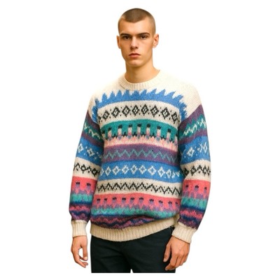 Handmade Alpaca Knit Pullover Sweater Sz L Beige Multicolor Fuzzy Made in Peru 