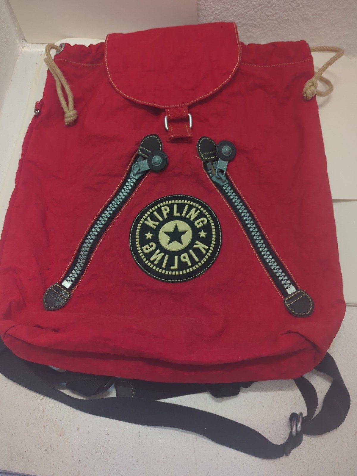 Kipling Backpack Bag Red Nylon Drawstring  Vintage - image 1