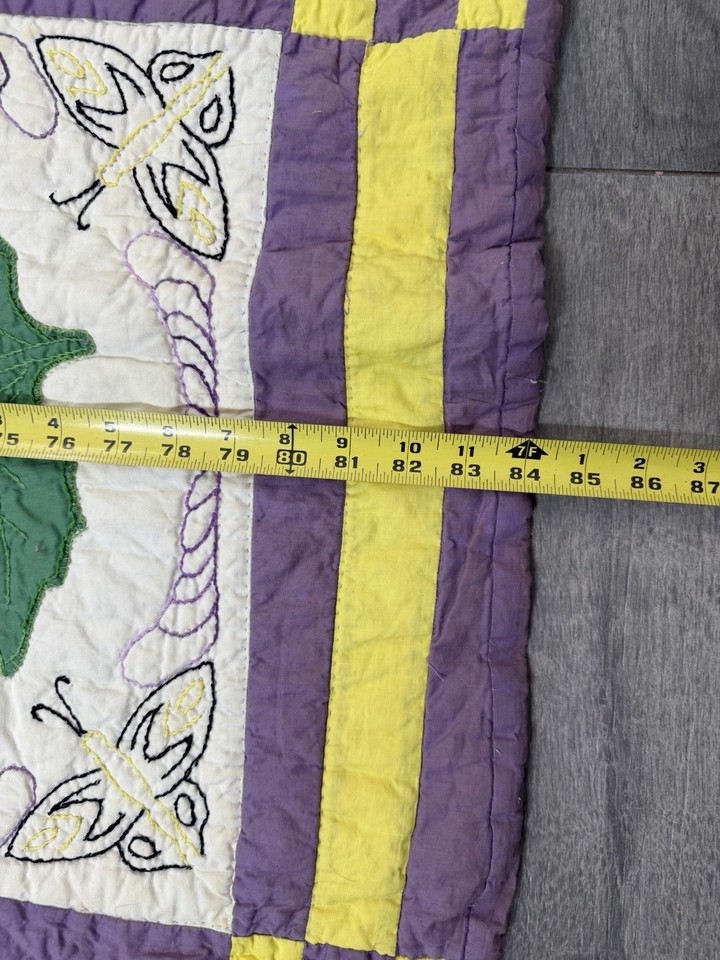 VTG Handmade Pansy Appliqué Checkered Purple Yellow Art Quilt 65”x84 ...