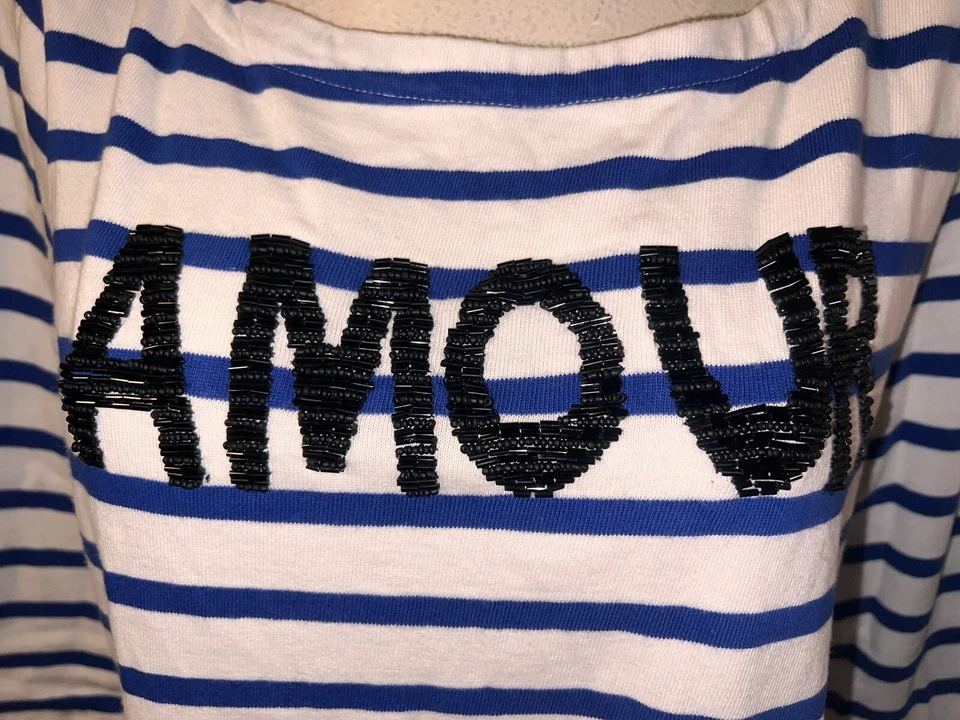 Camisa Lord & Taylor Top Para Mujer Talla XL Azul Blanco Rayas Cuentas AMOUR Manga 3/4 Foto 3 de 4