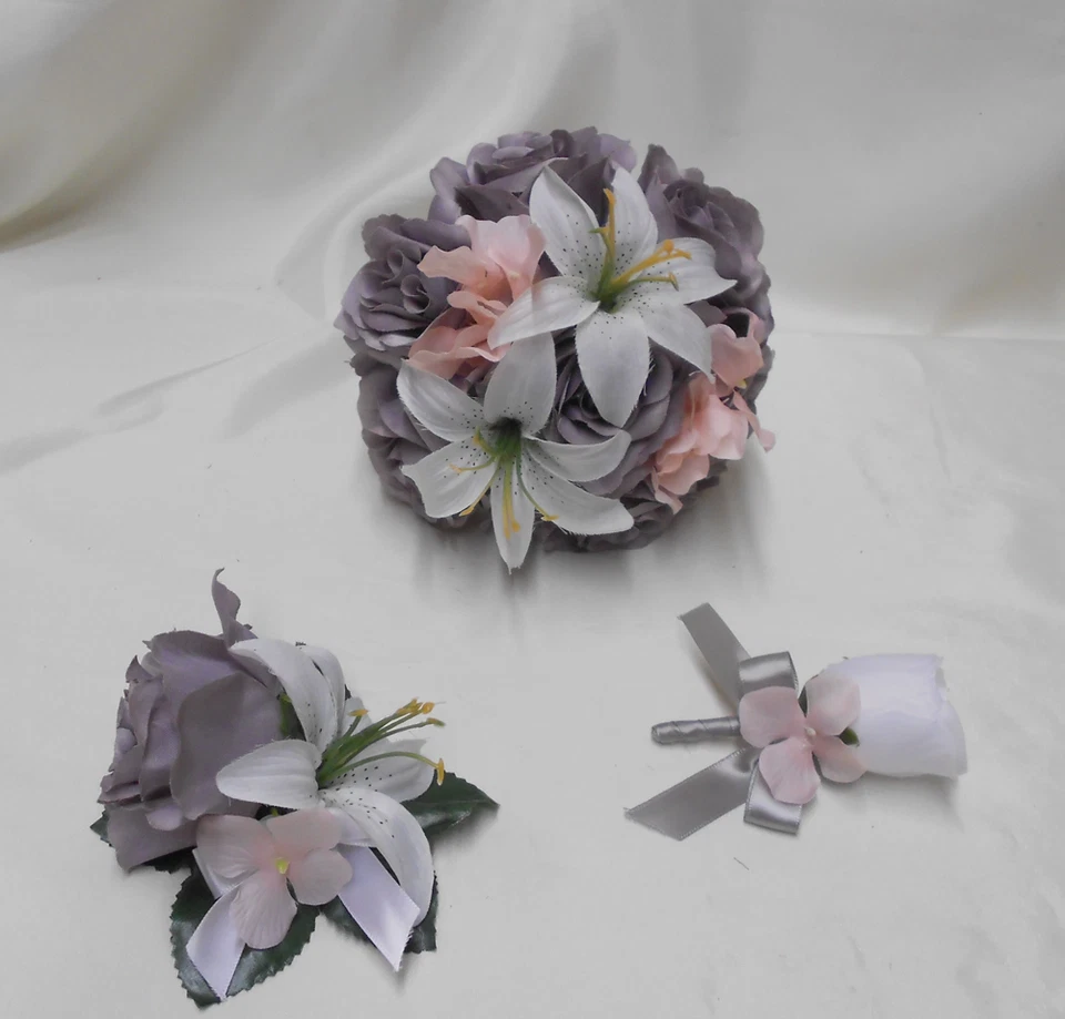 18 Piece Package Silk Flower Wedding Bridal Bouquet Grey White Lily Peach Blush - Image 2 of 4