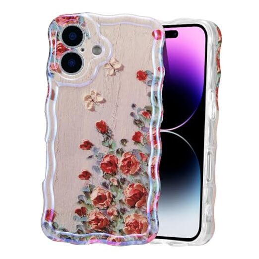 Case for Colorful Retro Oil Painting Printed Flower Laser iPhone 16 Beige