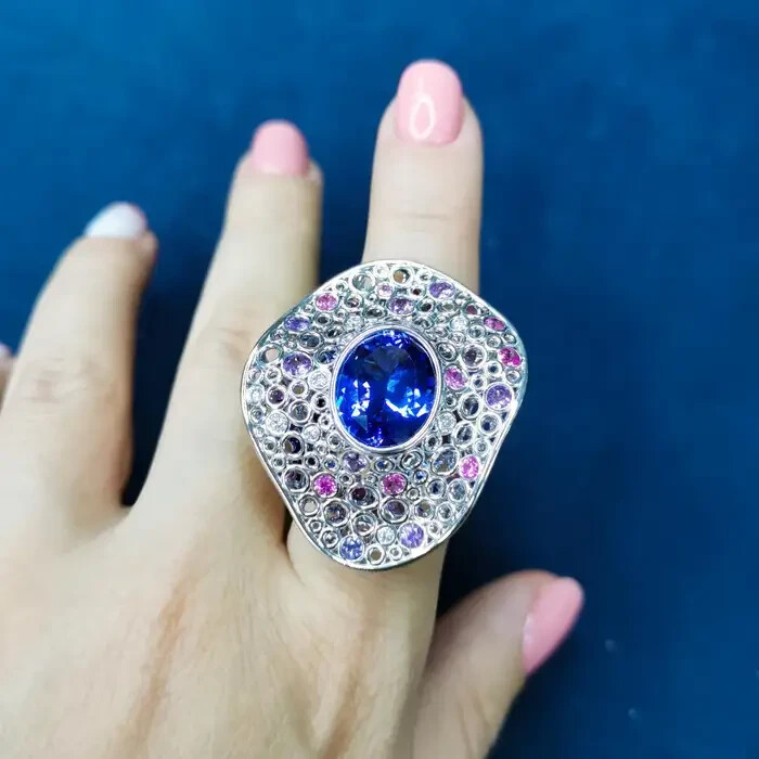 Shiny 12.42TCW Blue Tanzanite & Pink Tourmaline Bubble Design Ring