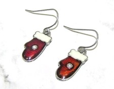 Cute Red and White Mittens Christmas Holiday Earrings with Crystal - New