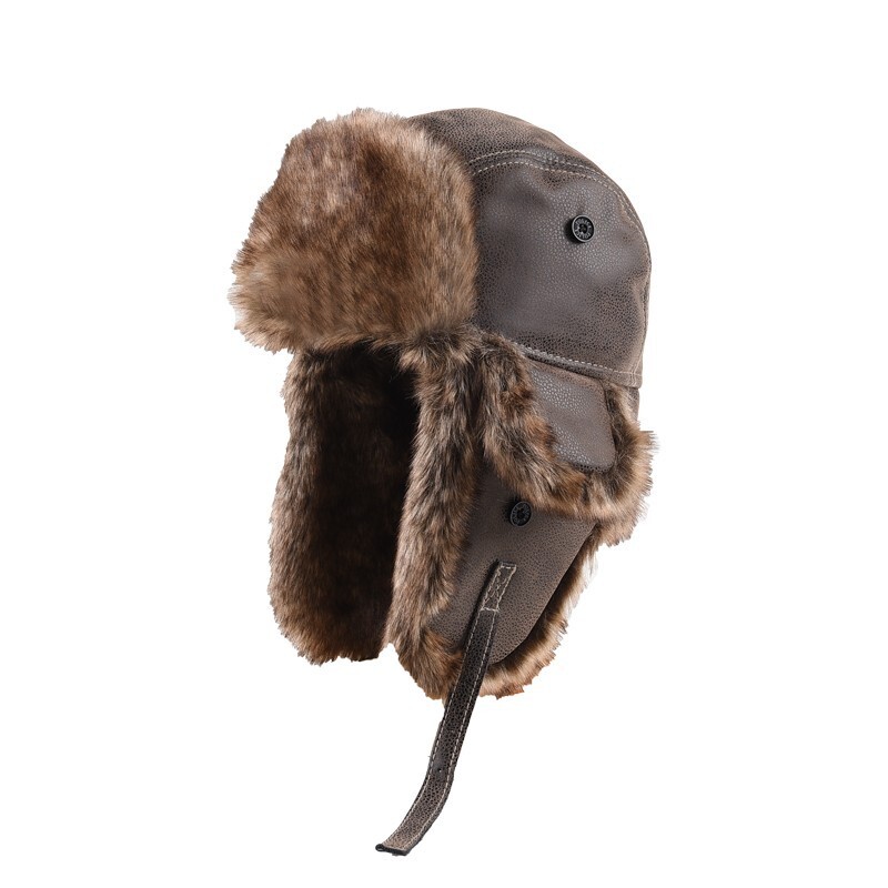 Men Faux Leather Trapper Hat Cap Earflap Furry Warm Winter Ski