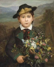 oil painting  handpainted on canvas "Boy in Costume with Summer Bouquet"