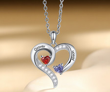 Engraved Loving Hearts Mother's Day Pendant Necklace 2 Names 2 Birthstones