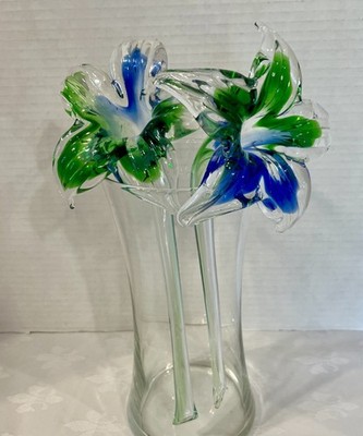 2 Vtg Murano Style Hand Blown Glass Long Stem Blue & Green Lily s