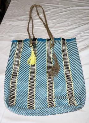 Boho Blue, Yellow and Black Striped Tote Market Bag
