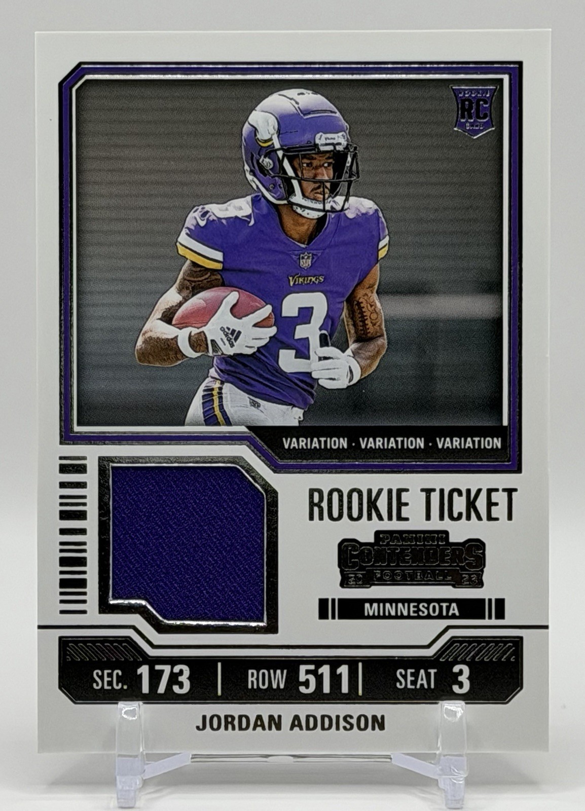 Jordan Addison 2023 Panini Contenders #TS20V Rookie Ticket Swatches Variation