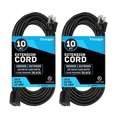 Thonapa 2 Pack of 10 Ft Black Extension Cords - 16/3 Heavy Duty Outdoor