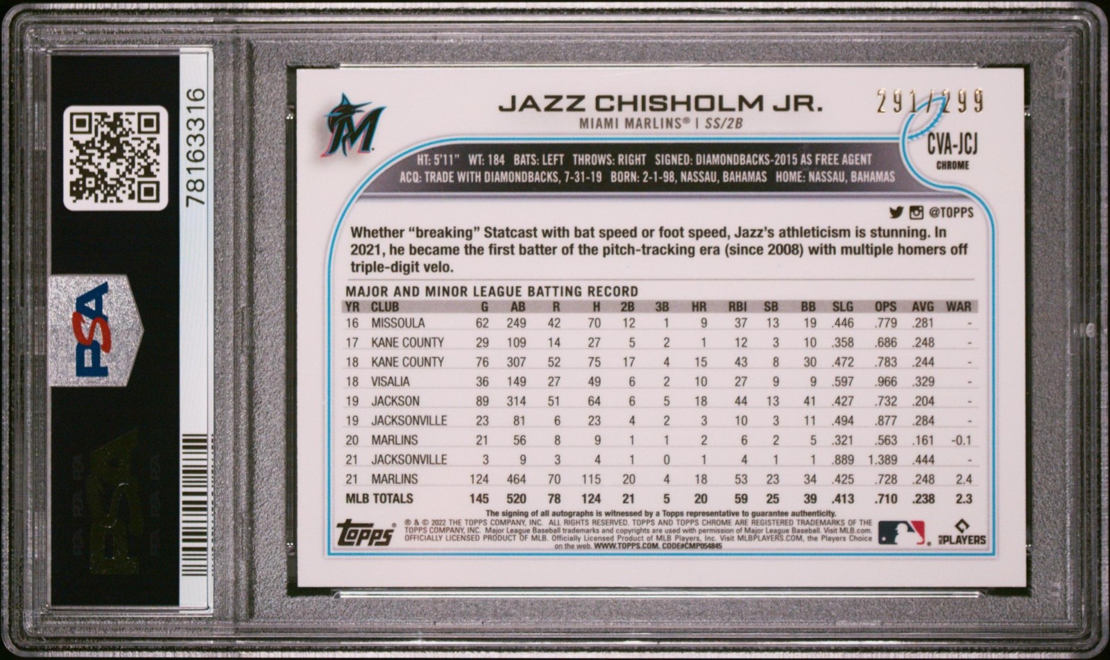 2022 Topps Chrome Jazz Chisholm Jr. Vet Auto Purple Speckle #/299 PSA 10 AF529 view 2