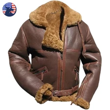 Men's Real Brown RAF Aviator Sheepskin Fur Leather Jacket Biker Motorcycle