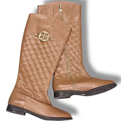 IMAN Women's quilted tan brown Leather Upper Riding Boots Size 7.5