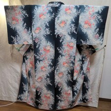 Pure silk black halo peony kimono, small pattern, lining, Japanese used