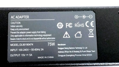 AC/DC Adapter 75W 15V-5A Model DL90190474 Input: 100~240V 50/60Hz