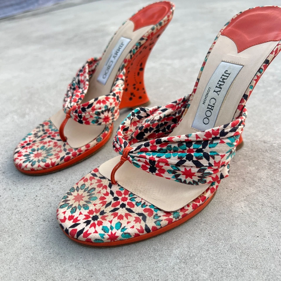 Jimmy Choo | Auténtico Tanga Cuña Vintage Patrón Floral Cuero Naranja (37.5) Foto 4 de 4