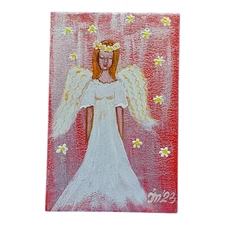 Angel Guardian with Flowers Original Painting Angel Wings Handmade Wall Art 6x4