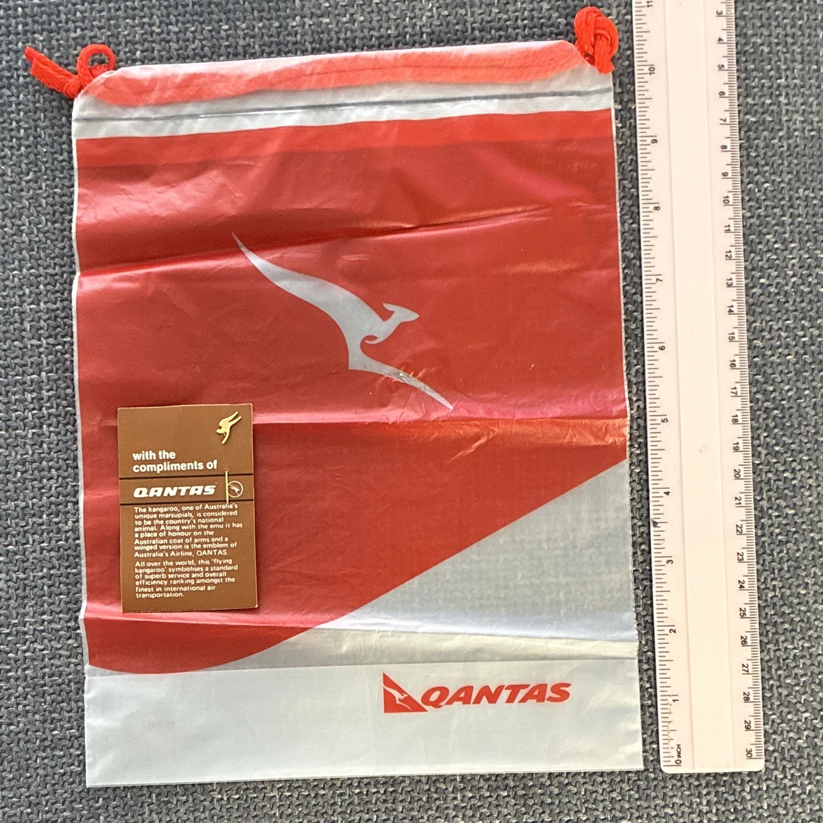 Vintage Qantas Airline Collectable Drawstring Bag with Compliment Card and Badge