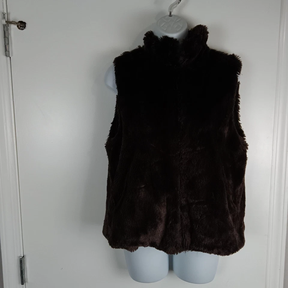 Mixit 背心女式大号棕色人造毛皮拉链无袖内衬舒适毛绒 — 第 2/4 张图片