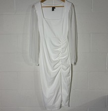 Windsor White Ruched Square Neck Sheer Long Sleeve Midi Dress Size S
