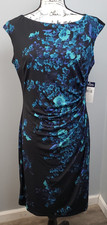 Chaps Party Cocktail Dress Womens Large Black Blue Floral Side Ruched Sleeveless