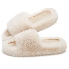 Womens Slippers with Arch Support Memory Foam Fuzzy House 7.5-8.5 Beige