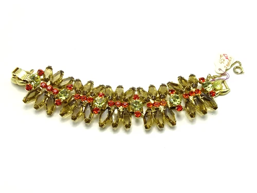 Vtg. Rhinestone Amber Orange Red Glass Costume Jewelry Bracelet - NO RESERVE! -