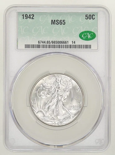 1942 WALKING LIBERTY HALF DOLLAR CACG MS65 BRIGHT WHITE COIN.  Super PQ!!