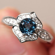 Round Cut November BirthstoneSterling Silver London Blue Topaz Flora bridal ring