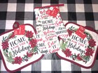 3 Home For The Holidays Christmas Kitchen Pot Holders Oven Mitt Poinsettias Red