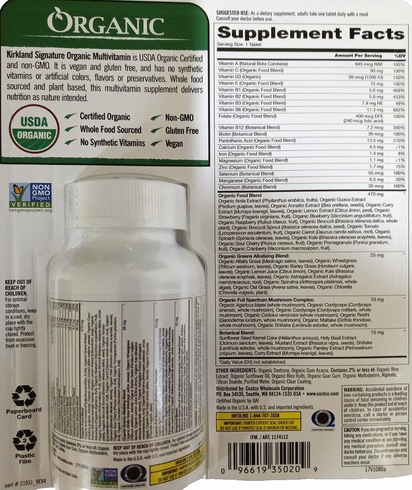 Multivitamínico orgánico Kirkland Signature USDA 80 tabletas EXP 01/2026 Foto 2 de 2