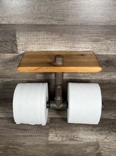 Industrial Toilet Paper Holder 2 Roll Wooden Shelf and Cast Iron Pipe