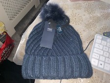 M & S LADIES NAVY FAUX FUR POM POM HAT NEW TAGS