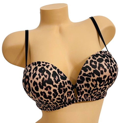 Soutien-gorge Push-up Imprimé Léopard Rose/noir - Armatures, Nœud Satin - Taille 28A - Neuf