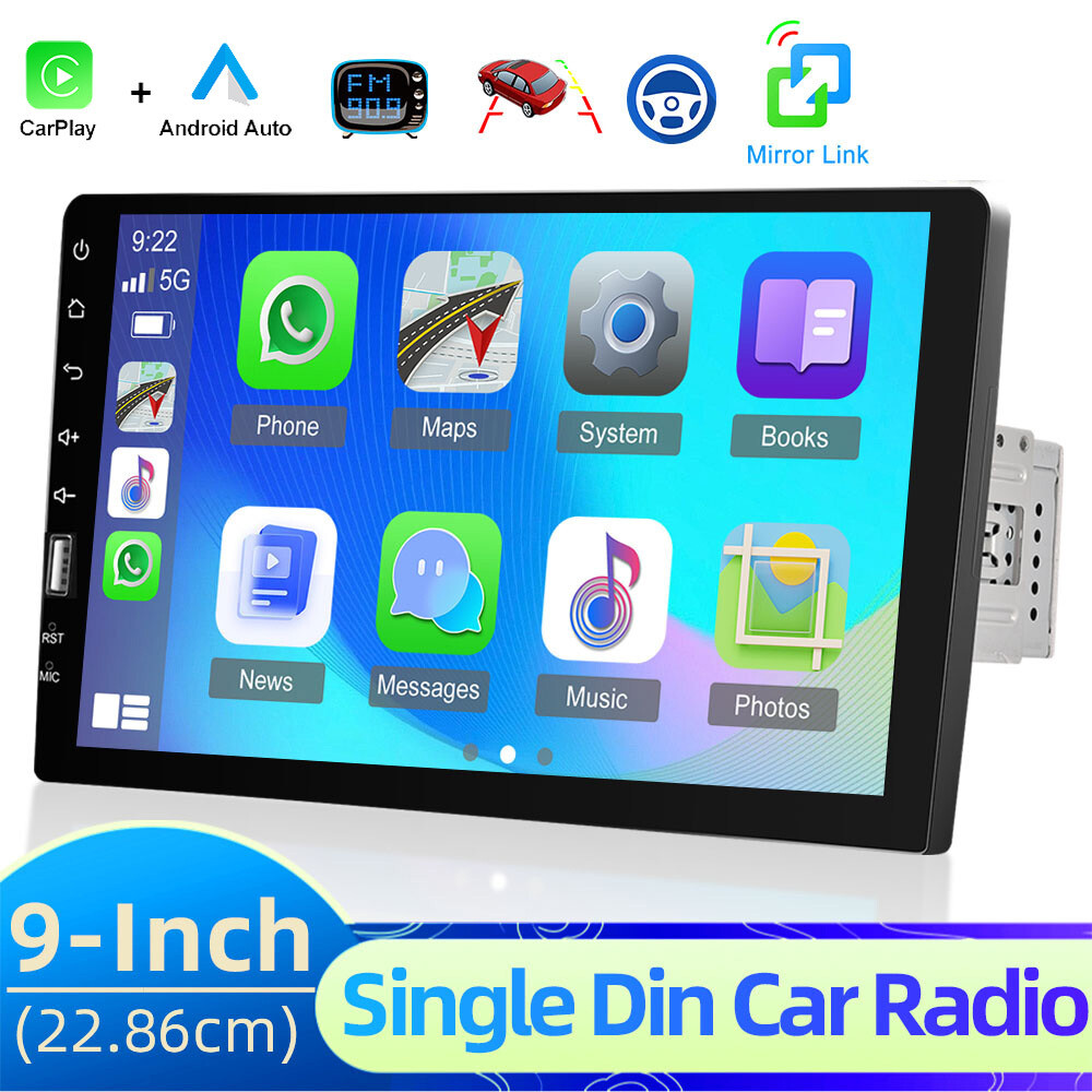 Single Din Car Stereo With 9" Touchscreen, Apple CarPlay & Android Auto - Bluetooth Multimedia Player With Backup Camera