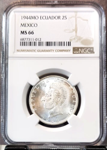 1944 ECUADOR SILVER 2 SUCRES ANTONIO JOSE DE SUCRE NGC MS 66 RARE GEM COIN