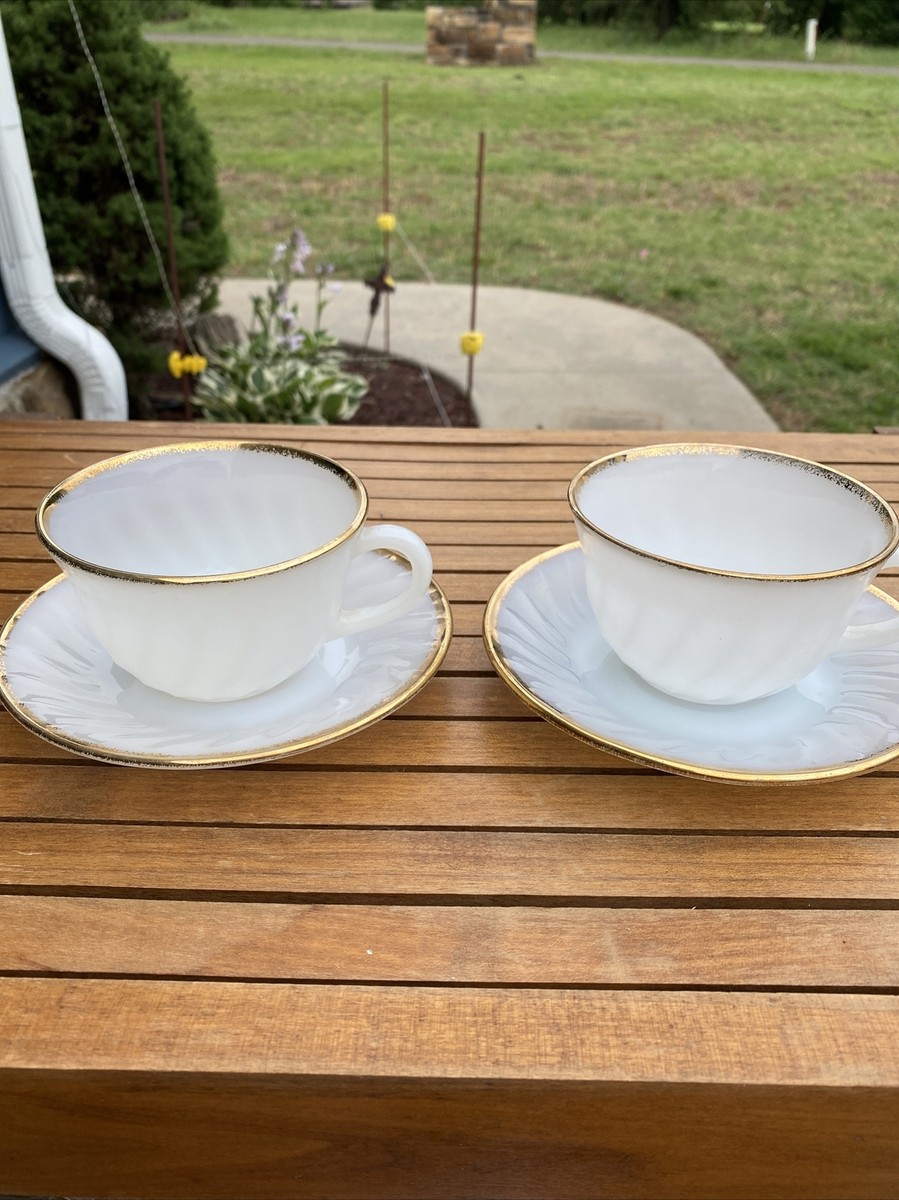 Fire King White Swirl Gold Trim Tea Cup Saucer Set Of - Main Image