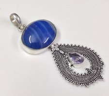 Natural Blue Agate Oval Pendant Handmade Gemstone Jewelry
