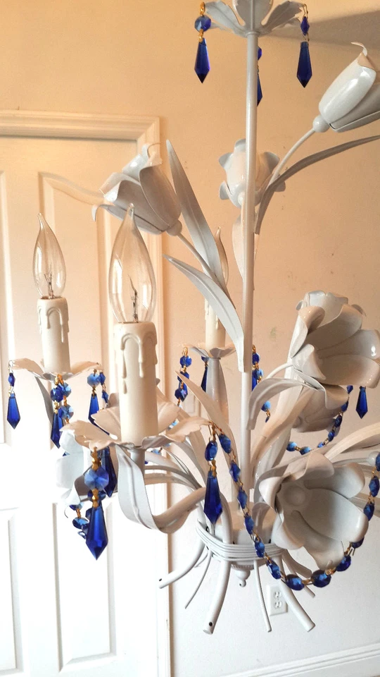 Цветочный ИТАЛЬЯНСКИЙ TOLE синий кристалл 5 света белая отделка люстра плагин вариант - Изображение 4 из 4