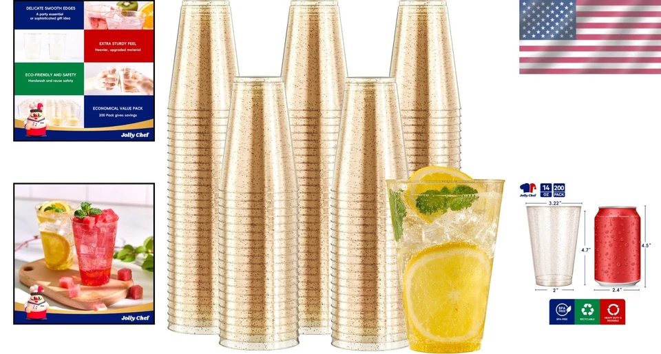 Disposable Gold Glitter Cups - 200 Pack 14 oz Party Tumblers - Image 2 of 4