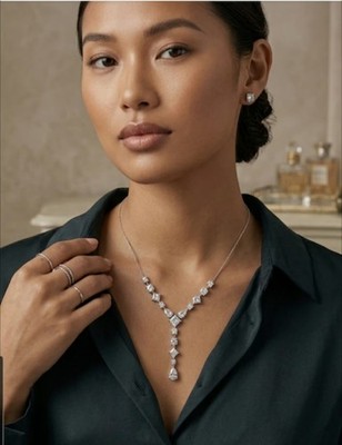 Cubic Zirconia Y-Drop Necklace Silver Tone Chain 2  Drop Signed JCM CZ EUC