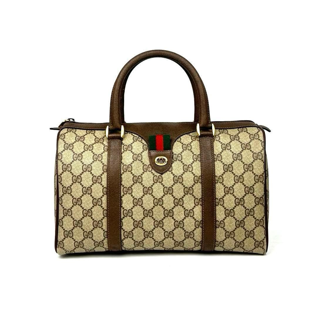 GUCCI Vintage Handbag GG Supreme Web Stripe PVC Leather Brown Gold Auth from JP