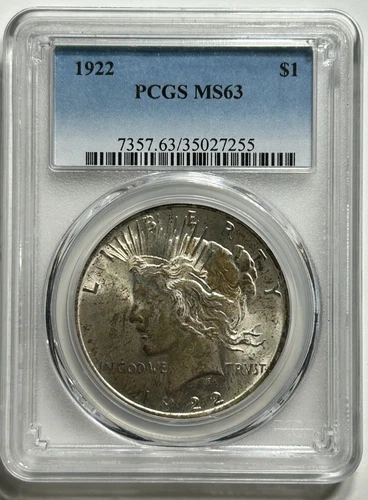 1922 Peace Dollar PCGS MS63 Mint State 90% Silver Slabbed American Coin Graded